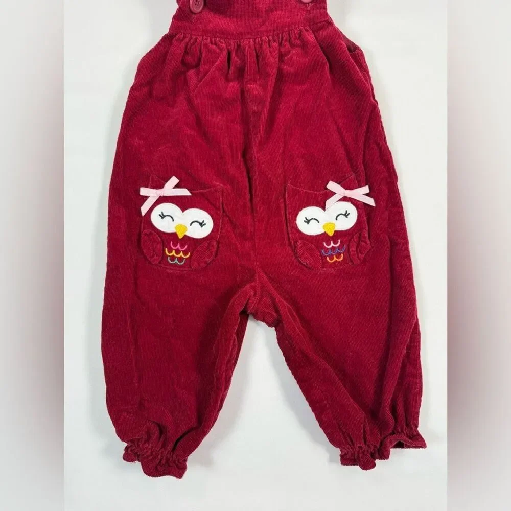 CRACKER BARREL Baby Girls’ Red Corduroy Owl Knee Patch Ruffle Overalls Size 12M